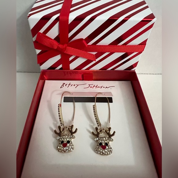 Betsey Johnson Earrings Reindeer Rhinestone Dangle New - Picture 13 of 16